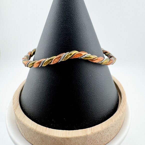 Vintage Copper Brass Silver Tone Twisted Cuff Bracelet Boho Torque Southwestern - Picture 3 of 9